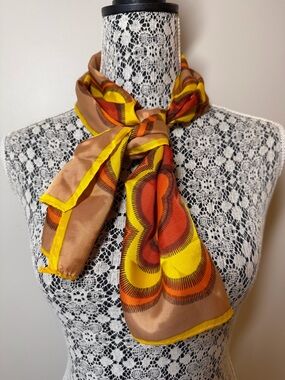Vintage Adorit Acetate Scarf made in Japan Retro Mod Floral Brown Yellow Orange